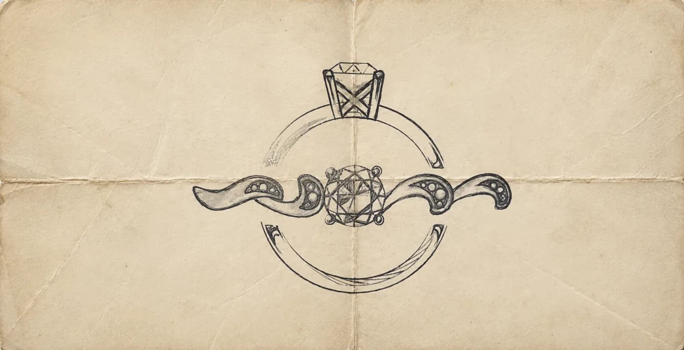 The original wedding ring drawing on aged, folded paper — a claw-set stone above a band, with the flowing setting drawn separately below