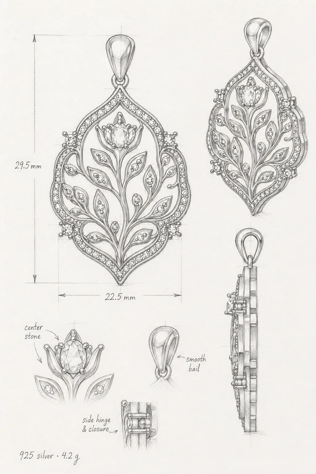 Hand-drawn design sheet for the Rooted in Hope pendant — a leafed branch rising to a single set stone inside a pointed sterling silver frame, 29.5 mm by 22.5 mm, with centre stone, bail and hinge details