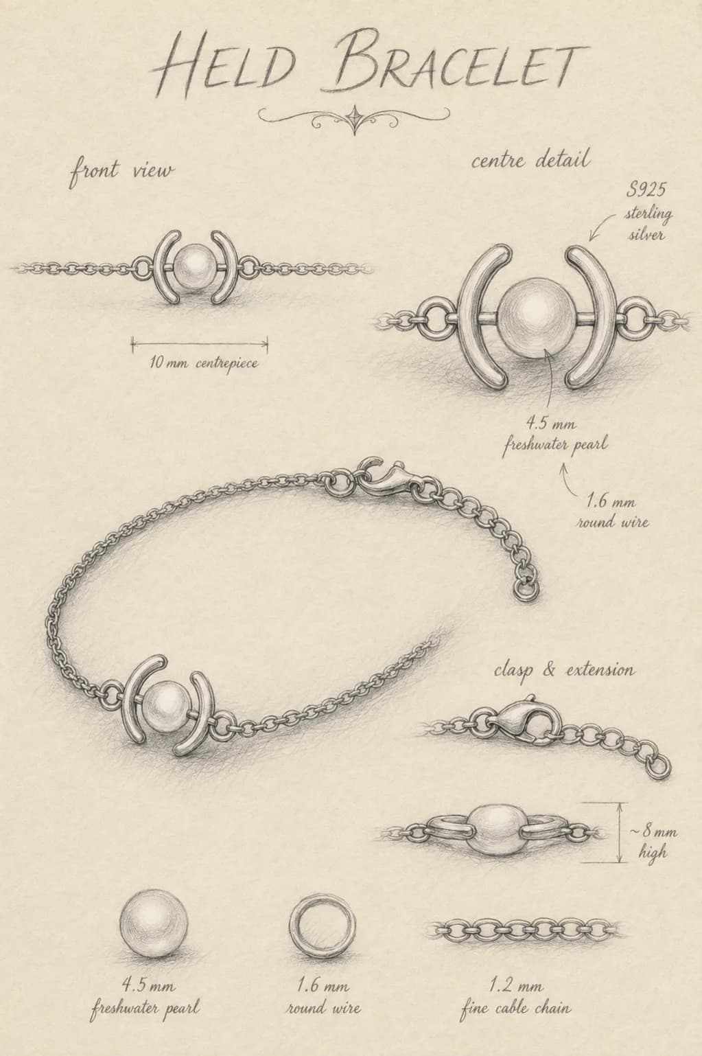 Hand-drawn design sheet for the Held bracelet — a 4.5 mm freshwater pearl between two inward-facing sterling silver arcs on a fine cable chain, with clasp and extension details